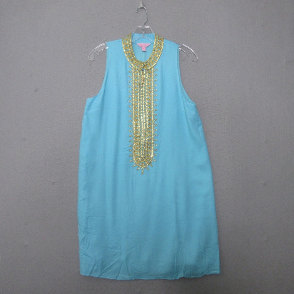 Lilly Pulitzer Dress 6 Blue Jane Shift Gold Embroidery Sleeveless Beach Resort